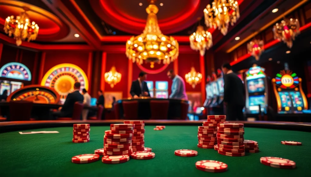 Participer à un jeu excitant dans un casino en ligne luxueux avec des jetons de poker vibrants et une roulette.