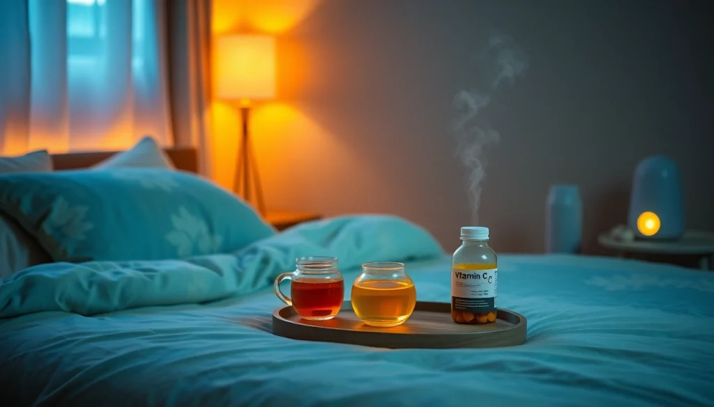 風邪を早く回復させる効果的な方法：風邪 一晩で治す方法 を落ち着いた寝室の情景で描いたイラスト。