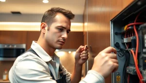Technician engaged in electrical service maintenance on a circuit panel in a modern kitchen.