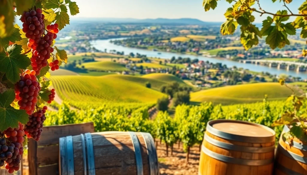 Vibrant landscape showcasing Clarksburg, California's vineyards and winery in sunny weather.