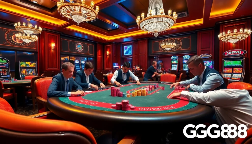 Experience GG88's vibrant poker table scene with players, chips, and roulette.