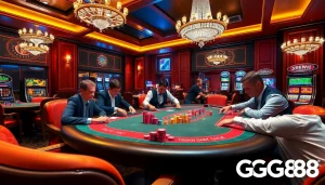 Experience GG88's vibrant poker table scene with players, chips, and roulette.