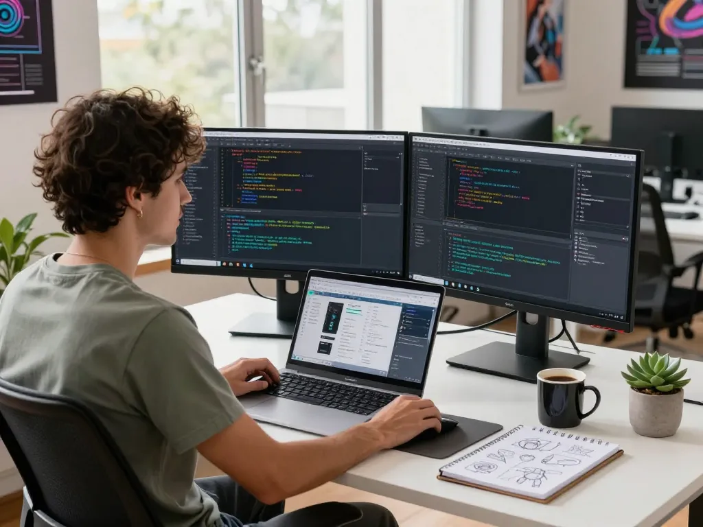 软件工程师在明亮现代的办公室中进行谷歌浏览器开发，展示代码、用户界面设计和创意技术环境。