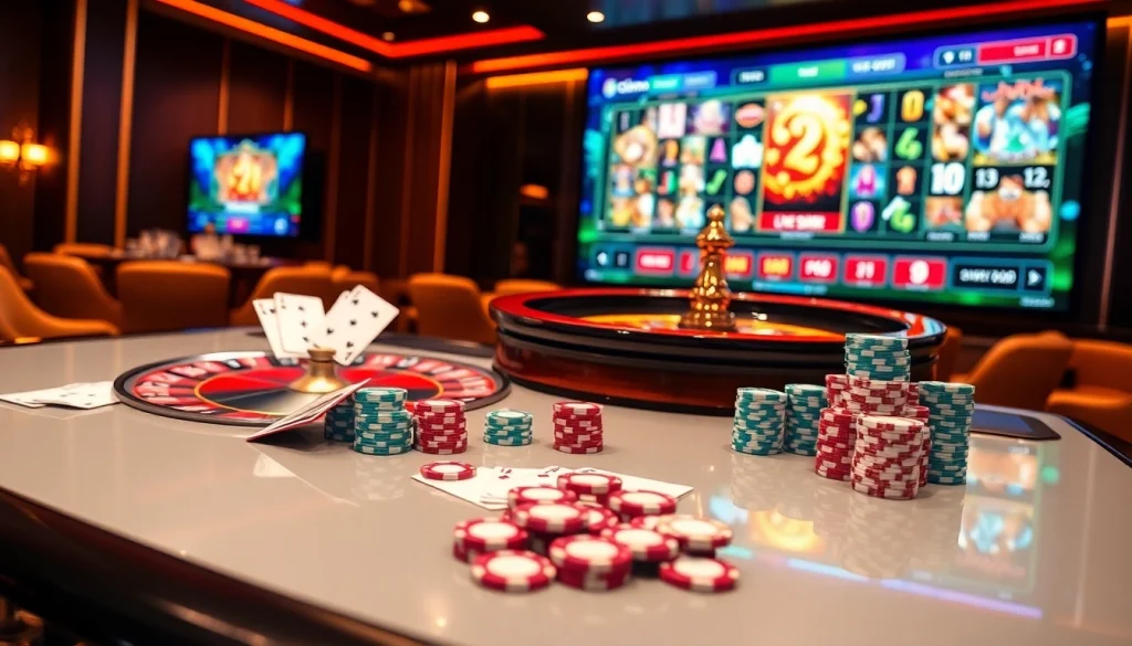 Scène captivante de jeu de casino en ligne avec roulette, cartes et interface de jeu en ligne vibrante.