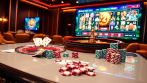 Scène captivante de jeu de casino en ligne avec roulette, cartes et interface de jeu en ligne vibrante.