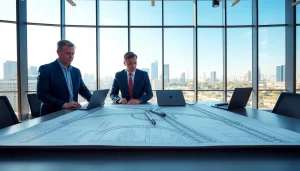Railroad Design Consultants reviewing blueprints in a modern office setting, illustrating collaboration.