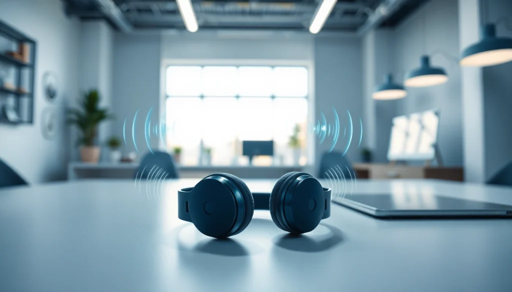 Showcase of Bone X1 Bone Conduction Headphones with sound waves in a minimalistic workspace.