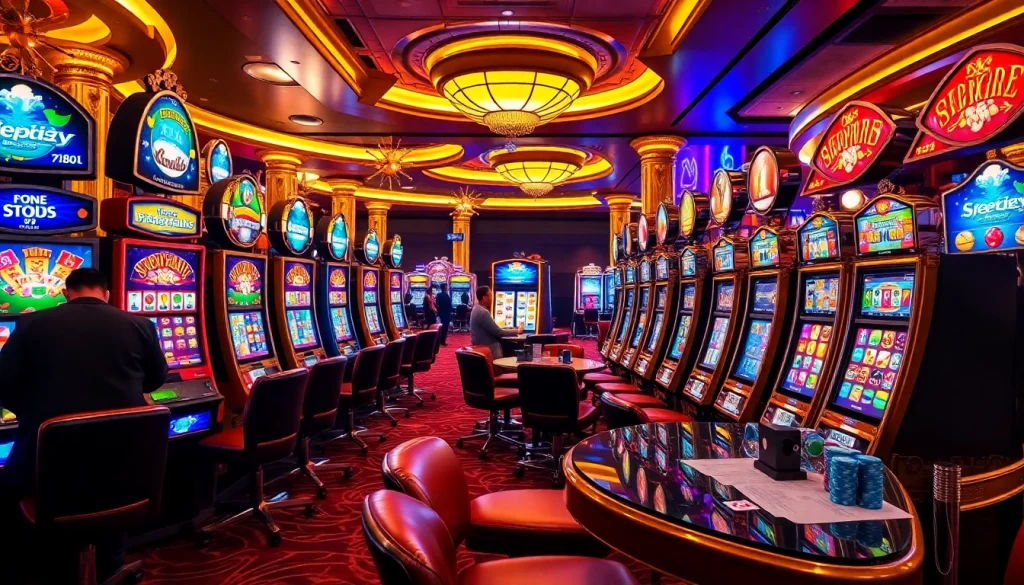 Players enjoying vibrant slot machines in a lively casino atmosphere.
