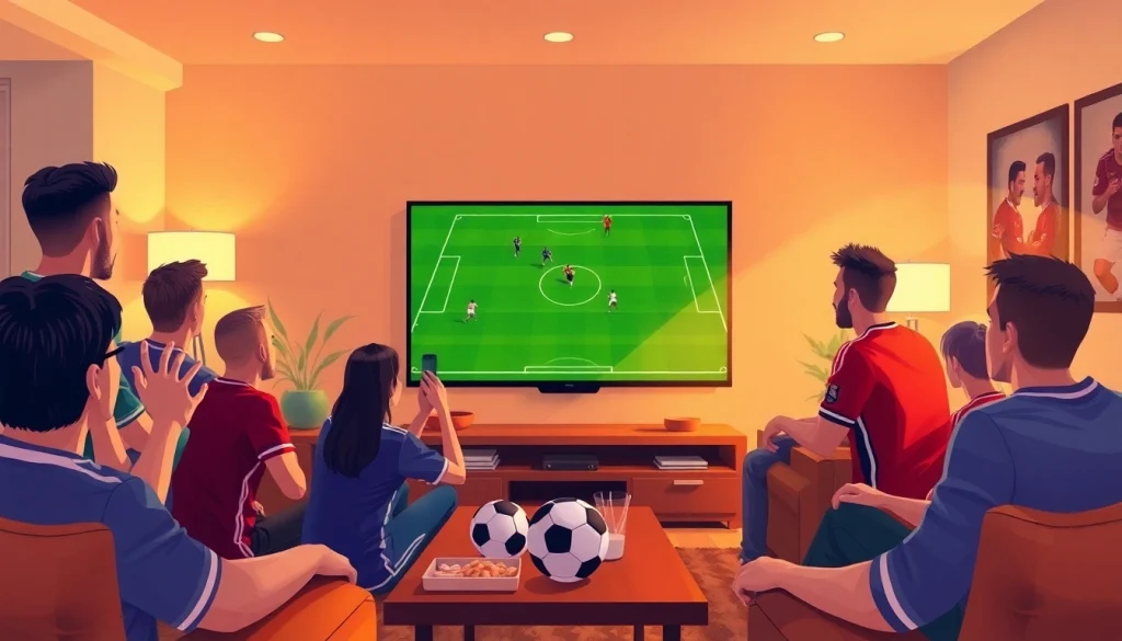 Soccer fans enjoying a high-definition match on socolive.com.co in a lively home setting