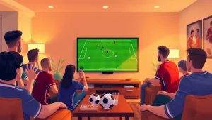Soccer fans enjoying a high-definition match on socolive.com.co in a lively home setting