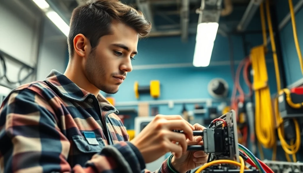 Electrician apprenticeship in action: a young apprentice wiring a circuit board in a bright workshop.