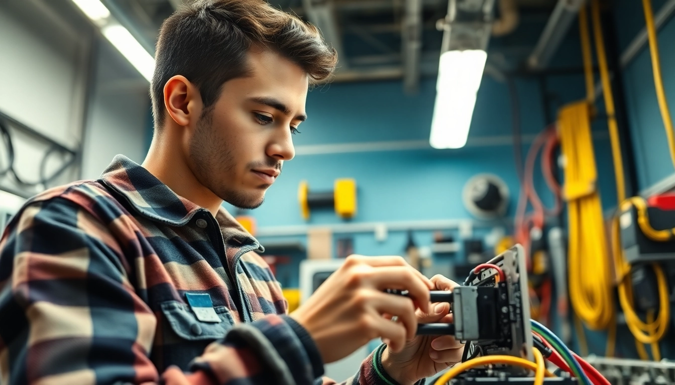 Electrician apprenticeship in action: a young apprentice wiring a circuit board in a bright workshop.