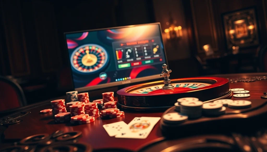 Découvrez l'excitation du casino en ligne avec des jetons de poker vibrants sur une table élégante.