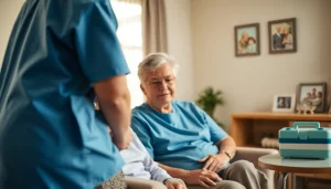 Engaging in home health care near me with a compassionate caregiver supporting an elderly patient.