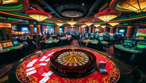 Engaging casino scene showcasing PS 99 with players at tables and roulette wheel.