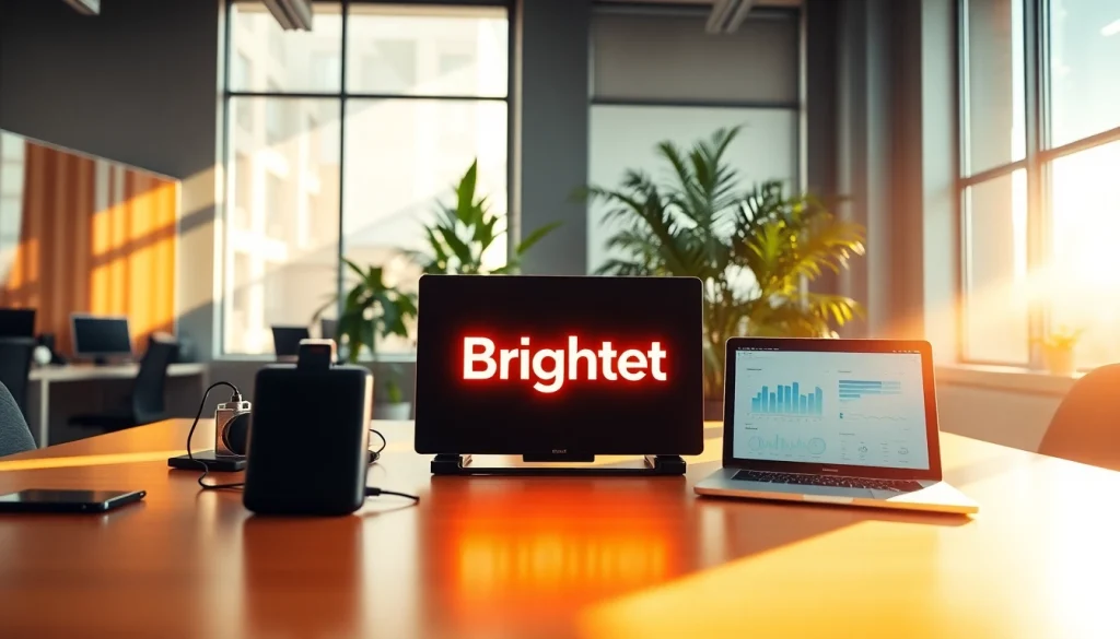 Brightet branding showcased in a vibrant office setting with tech gadgets and analytics.
