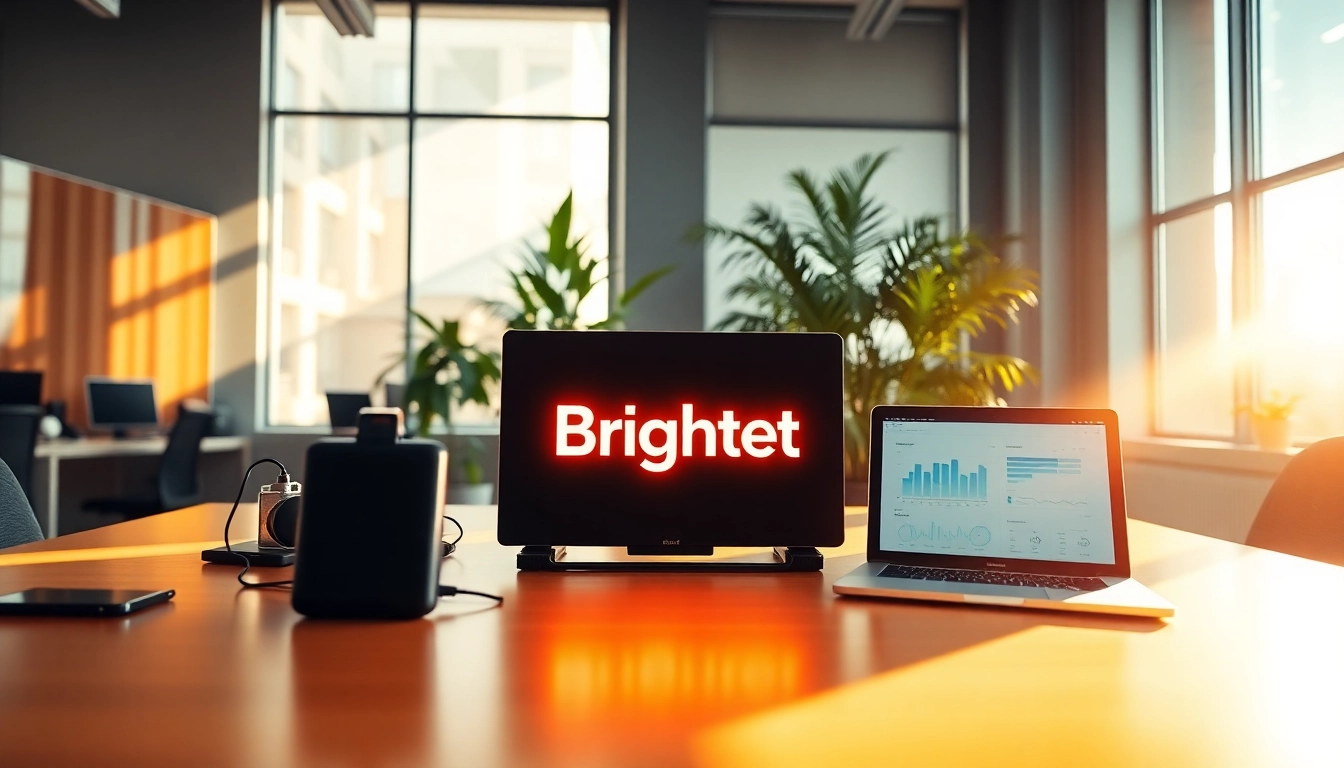 Brightet branding showcased in a vibrant office setting with tech gadgets and analytics.