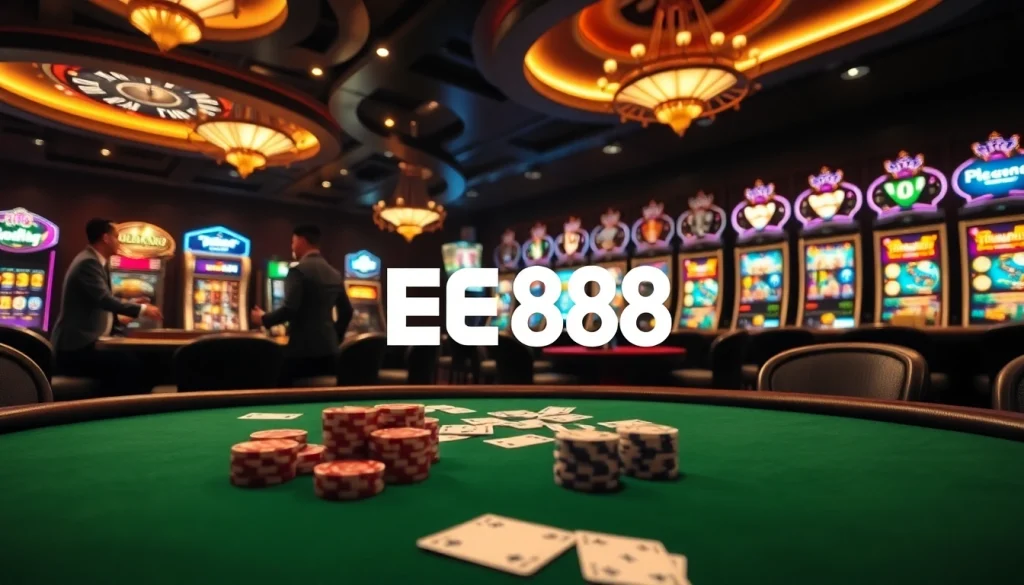 Experience the vibrant casino atmosphere at EE88 with poker chips and roulette wheels.