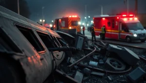 Spain train crash aftermath with emergency responders managing a chaotic scene.