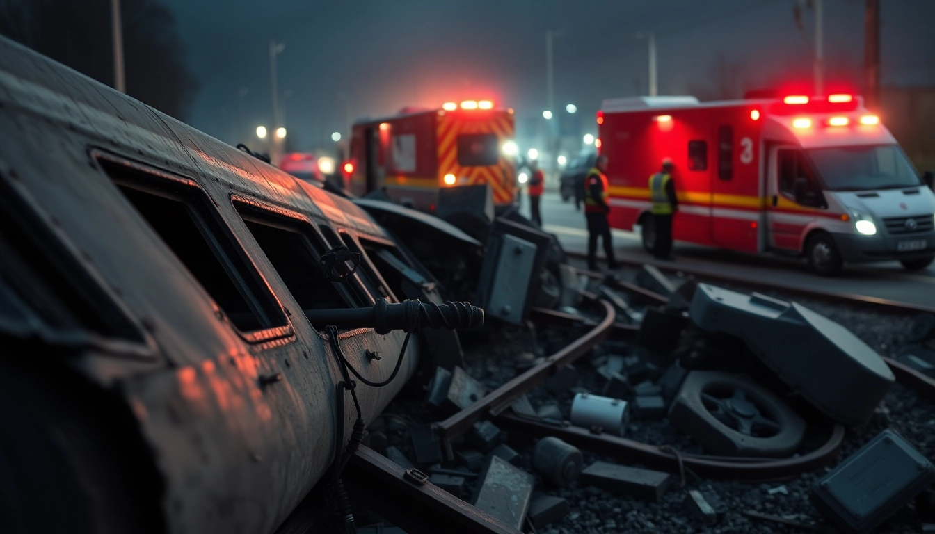 Spain train crash aftermath with emergency responders managing a chaotic scene.