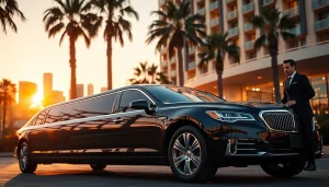 Luxury LA Limo parked outside a high-end hotel in Los Angeles, showcasing elegance and premium service.