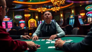 Intense poker game at thabet casino, showcasing dealers, poker chips, and luxury ambiance.