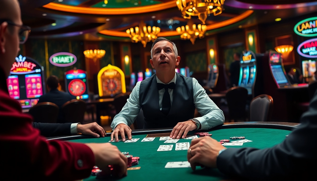 Intense poker game at thabet casino, showcasing dealers, poker chips, and luxury ambiance.