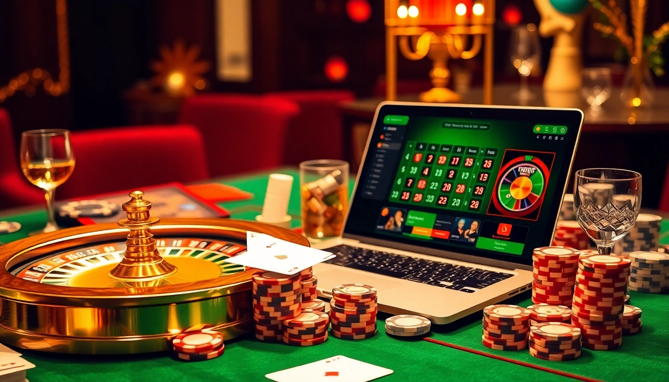 Scène époustouflante de casino en ligne mettant en avant l'excitation des jeux d'argent en ligne avec des cartes et des jetons.