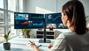 Video to prompt AI generator in a modern office workspace analyzing video content.