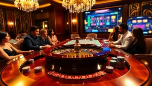 Joueurs de casino en ligne vivant des moments intenses autour d'une table de roulette luxueuse.