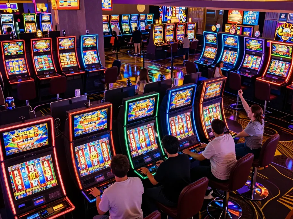 Engaging players celebrate wins at colorful slot machines in a lively casino, showcasing the thrill of slot depo 1k gaming.