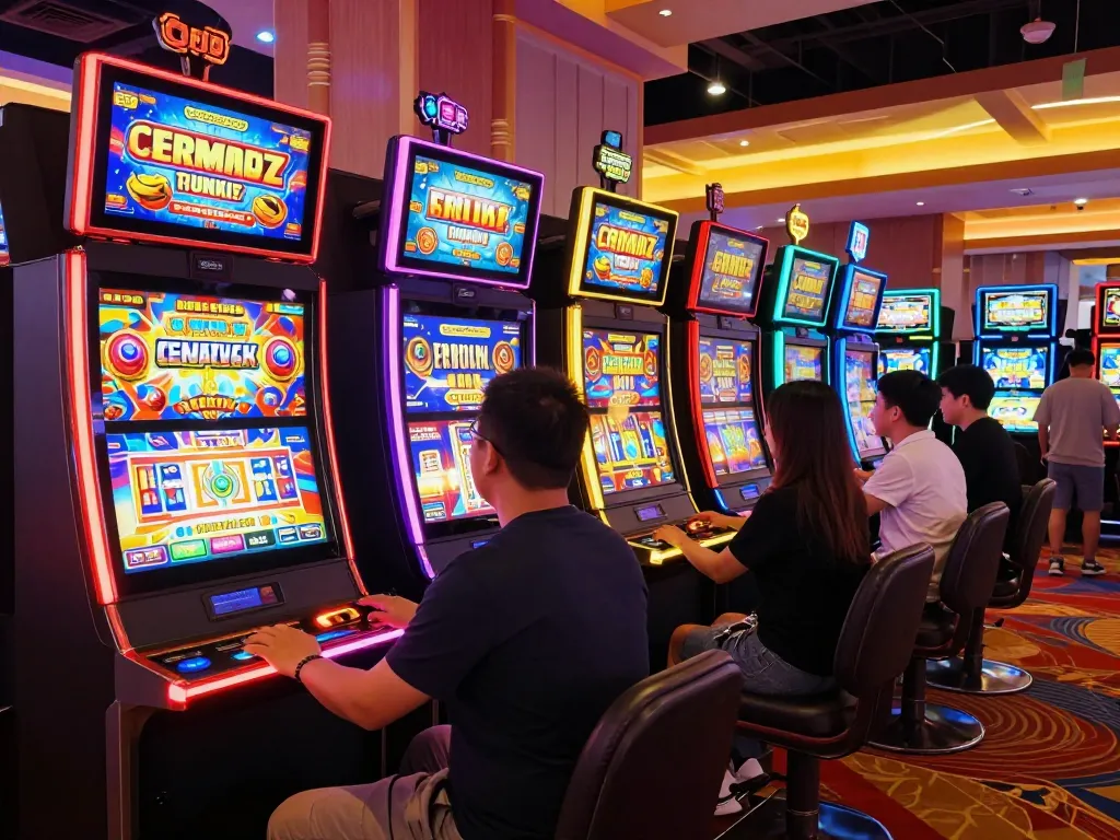 Engaged players enjoying slot 777 games at vibrant casino machines.
