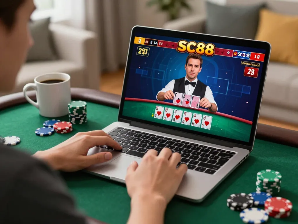 Player experiencing SC88 live dealer blackjack at home, showcasing strategic gameplay.