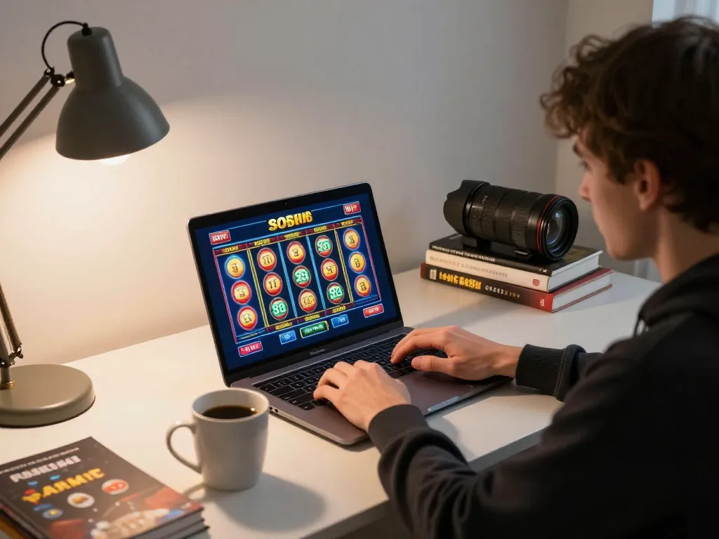 Engaging with slot88 on a laptop at home, demonstrating online gaming strategy and comfortable environment.