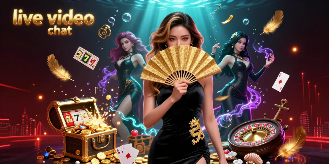 Engage in vibrant live video chat with a beautiful Asian woman amidst colorful slot symbols.
