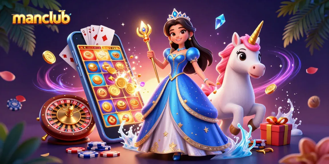 Experience excitement at Manclub with vibrant slot games, golden coins, and magical characters.