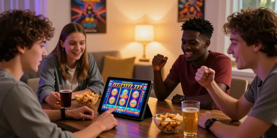 Friends enjoying slot777 games on a tablet in a cozy setting, capturing excitement and camaraderie.