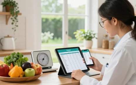 Nutritionist using the best macro tracker app in a modern kitchen, surrounded by fresh ingredients.