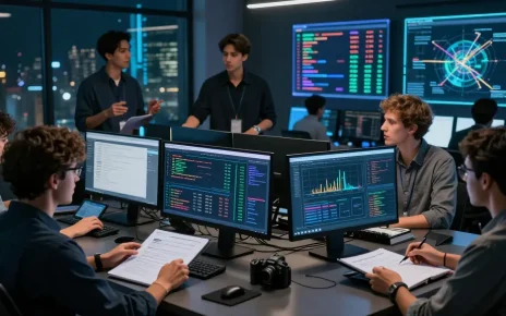 Team of digital security analysts evaluating verified darknet market links 2026 in a high-tech workspace with multiple monitors and charts.