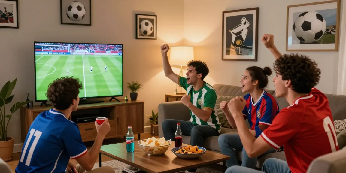 Menikmati live streaming bola bersama teman di ruang tamu berkualitas tinggi.